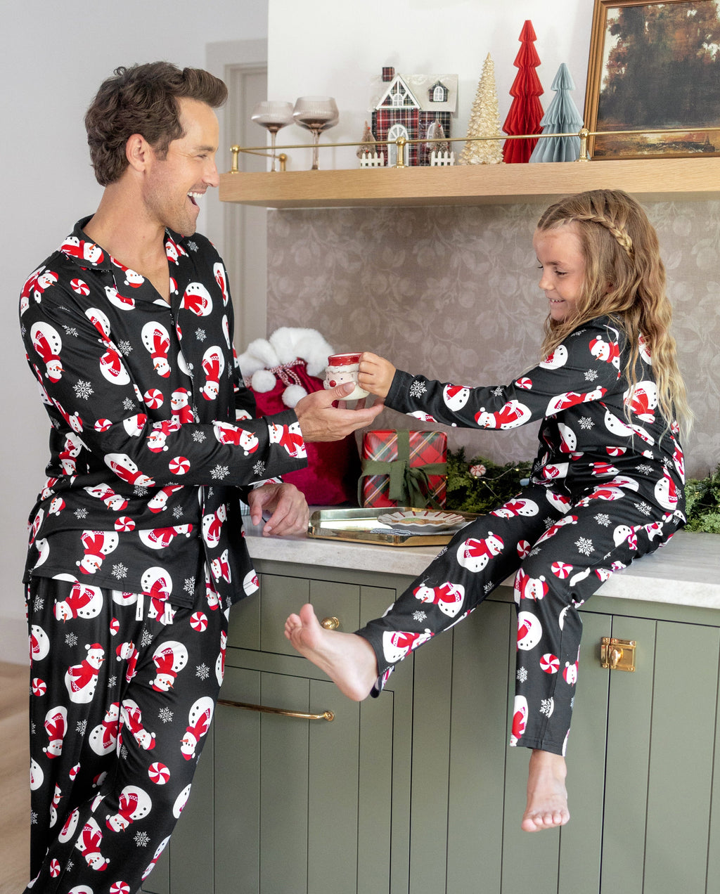 Matching Family Christmas Pajamas Snowman Print Black