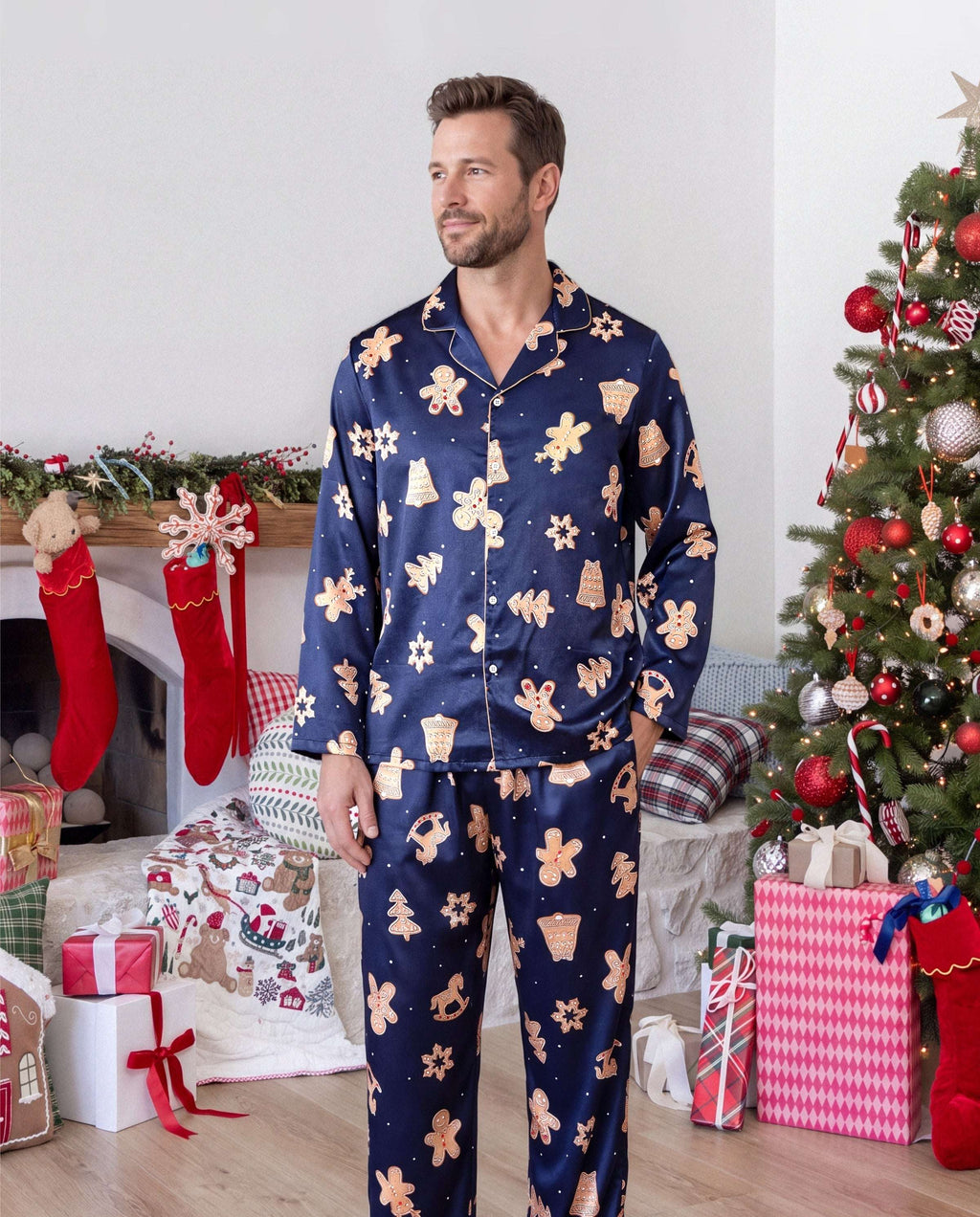 Family Matching Christmas Pajamas Gingerbread Print Satin Navy