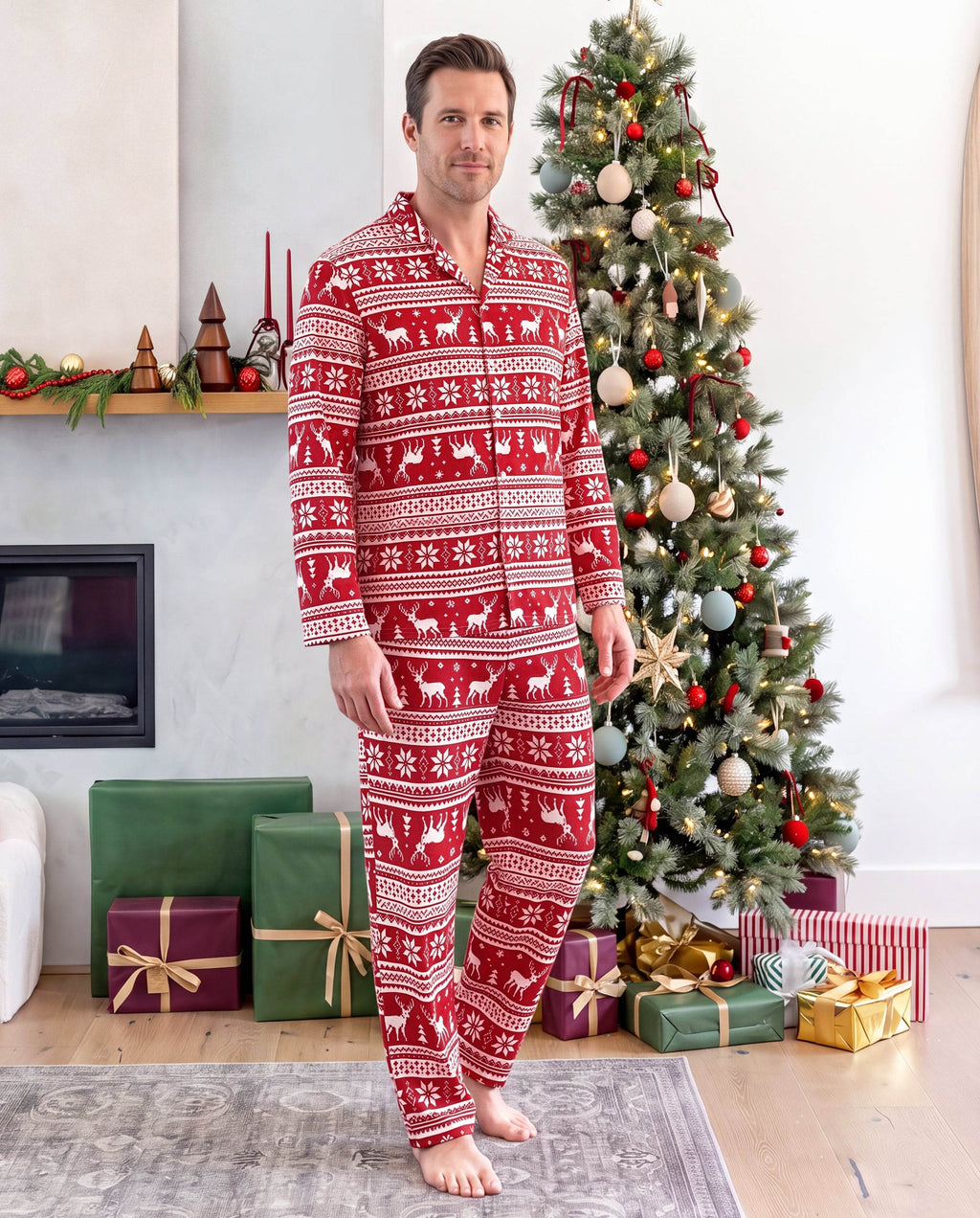 Family Matching Christmas Pajamas Fair Isle Print Collared Red