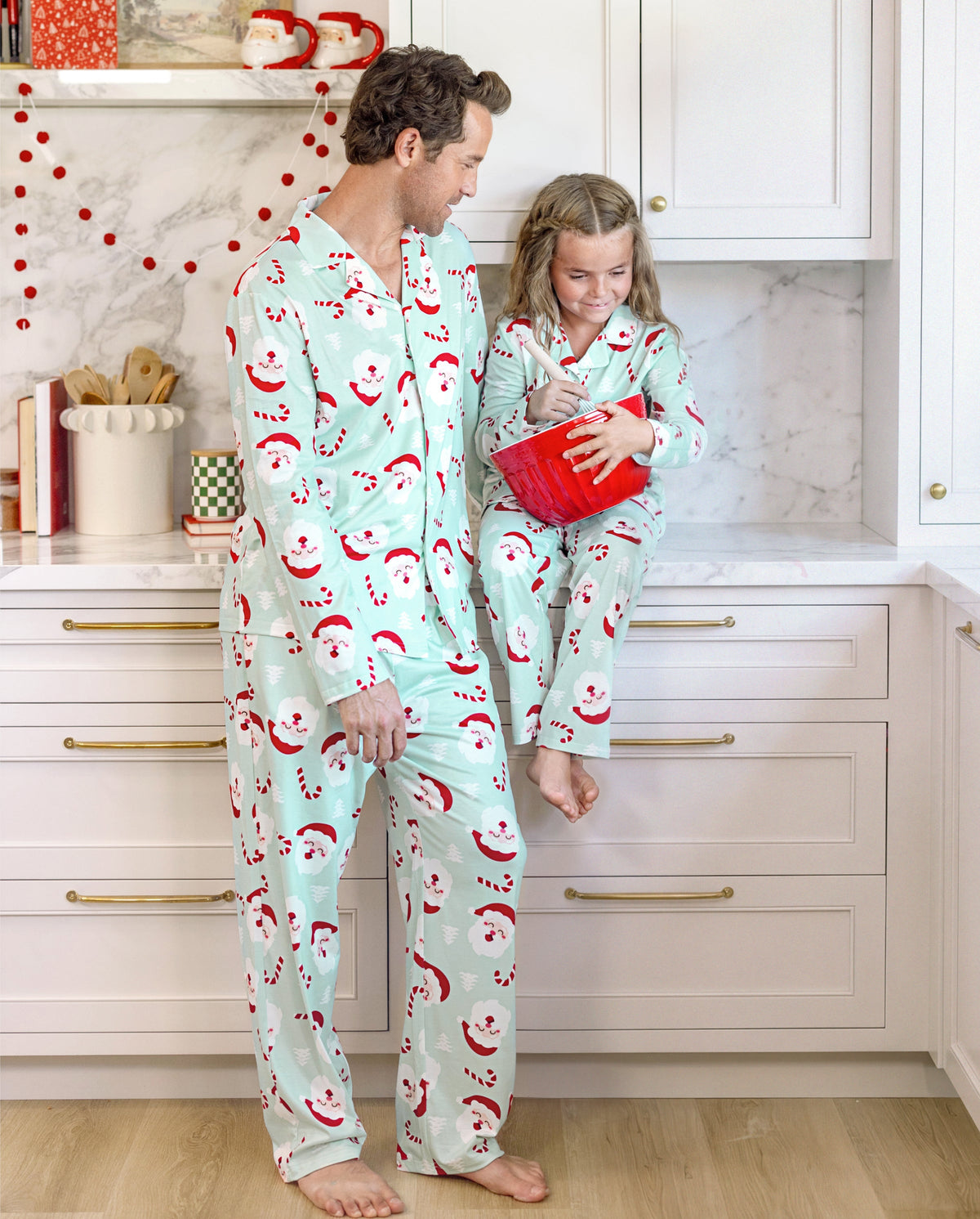 Matching Family Christmas Pajamas Santa Claus Print Collared Green