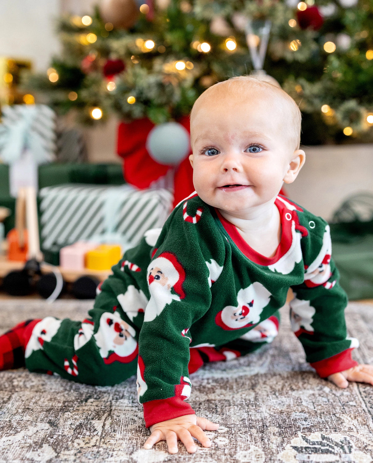 Christmas Matching Family Fleece Pajamas Set Santa Claus and Candy Cane Print PJS with Christmas Socks Dark Green