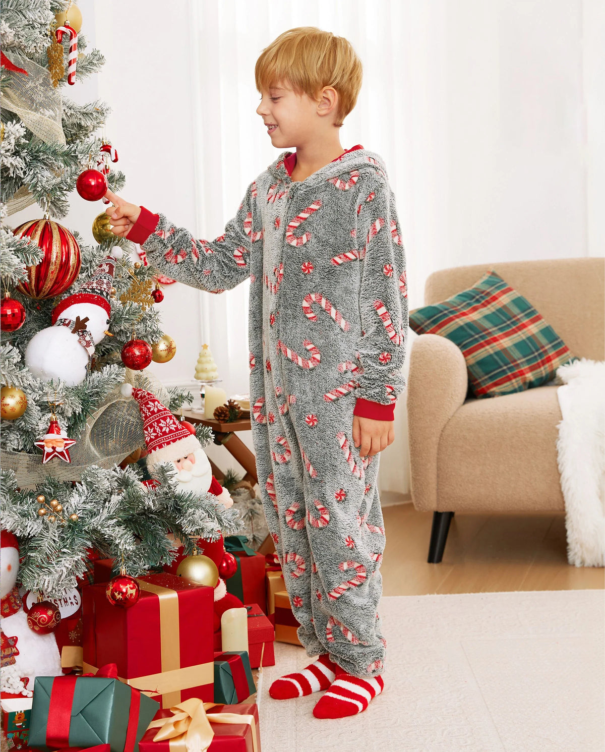 Onesies Pajamas Matching Christmas Outfits Candy Cane Pattern (Glow in the Dark) with Christmas Socks Black