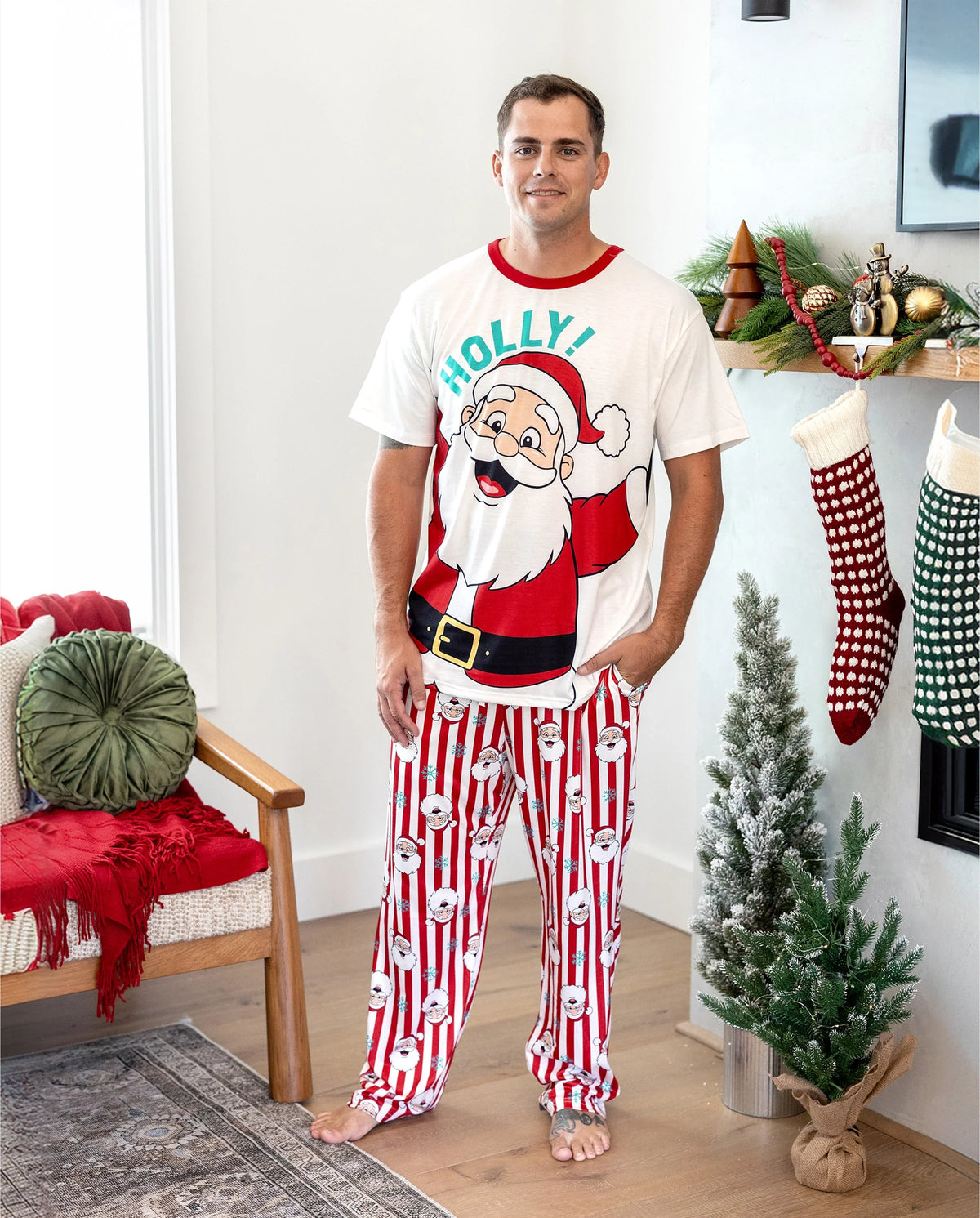 Christmas Matching Family Pajamas Set Santa Claus and Snowflakes Red Stripes PJS Red