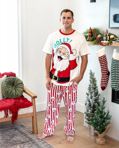 Christmas Matching Family Pajamas Set Santa Claus and Snowflakes Red Stripes PJS Red