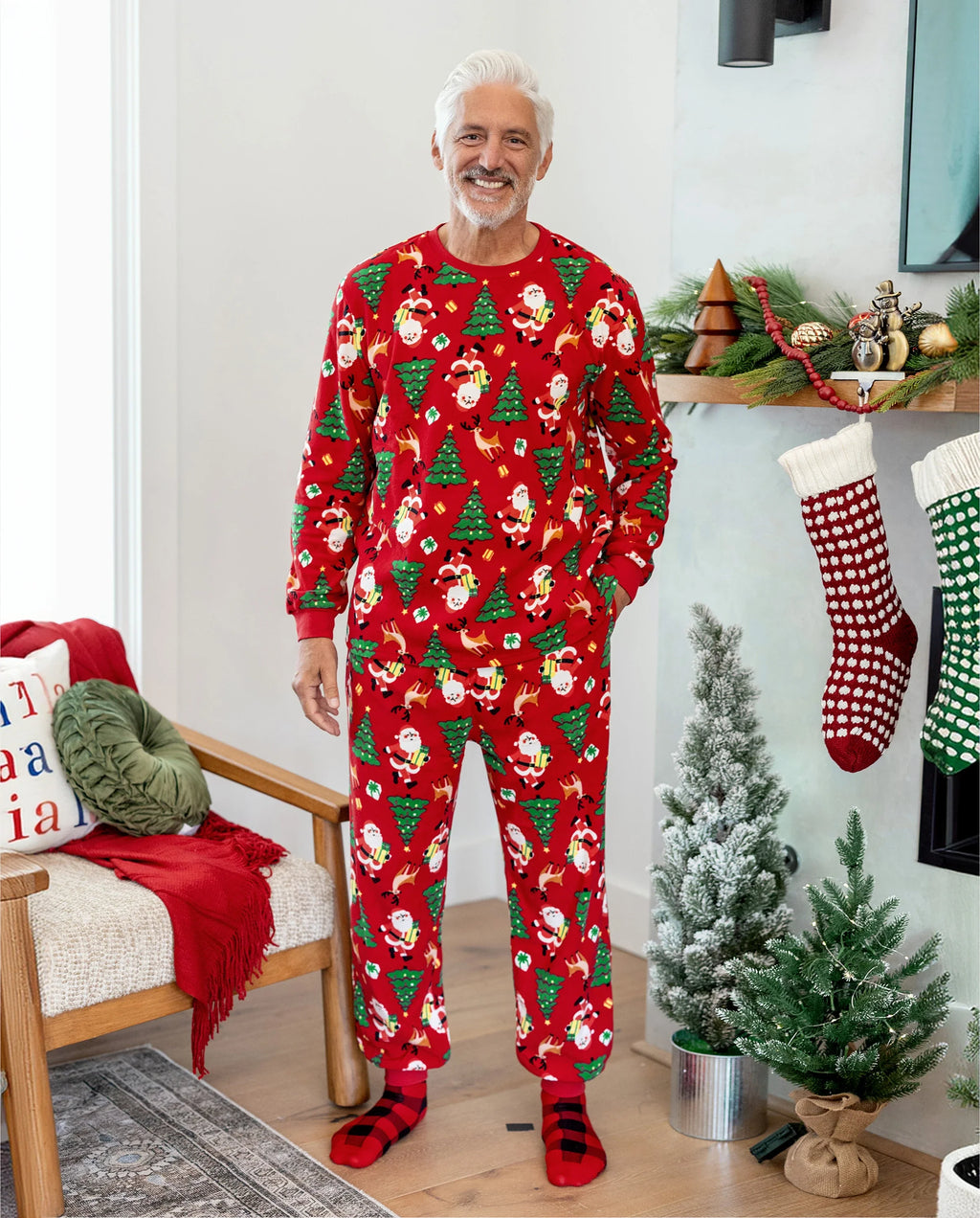 Christmas Matching Family Pajamas Set Santa Claus and Christmas Tree Print Red Fleece PJS with Christmas Socks Red