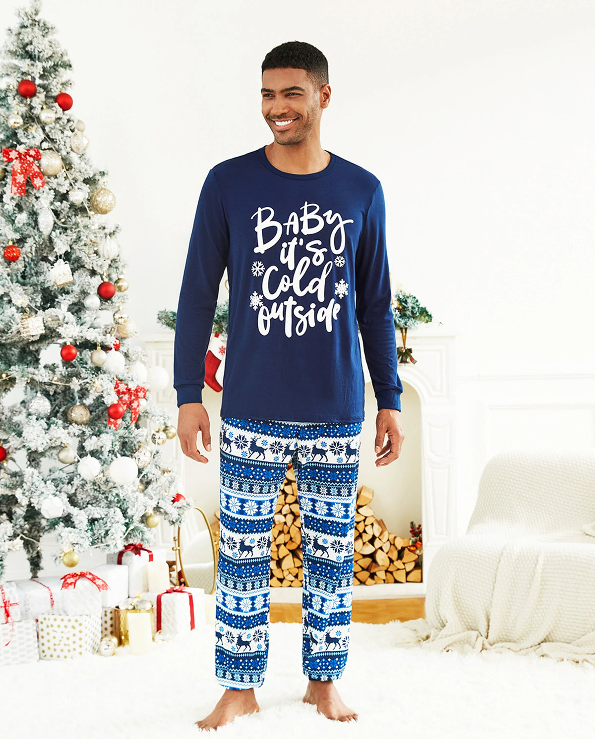 Family Matching Christmas Pajamas Baby It's Cold Outside Print Blue