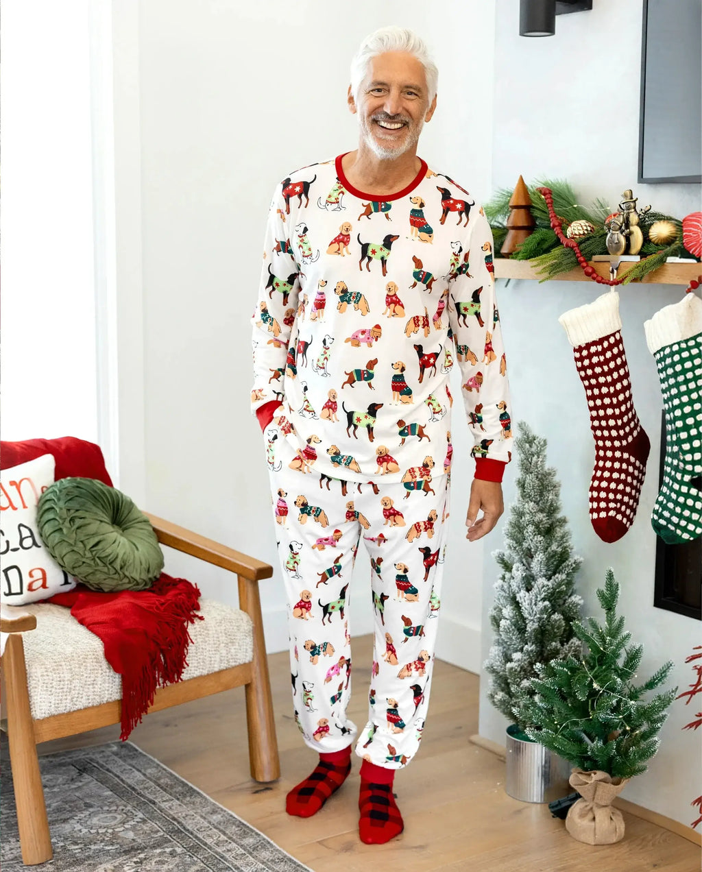 Christmas Matching Family Pajamas Set Various Dog Print PJS with Christmas Socks Apricot