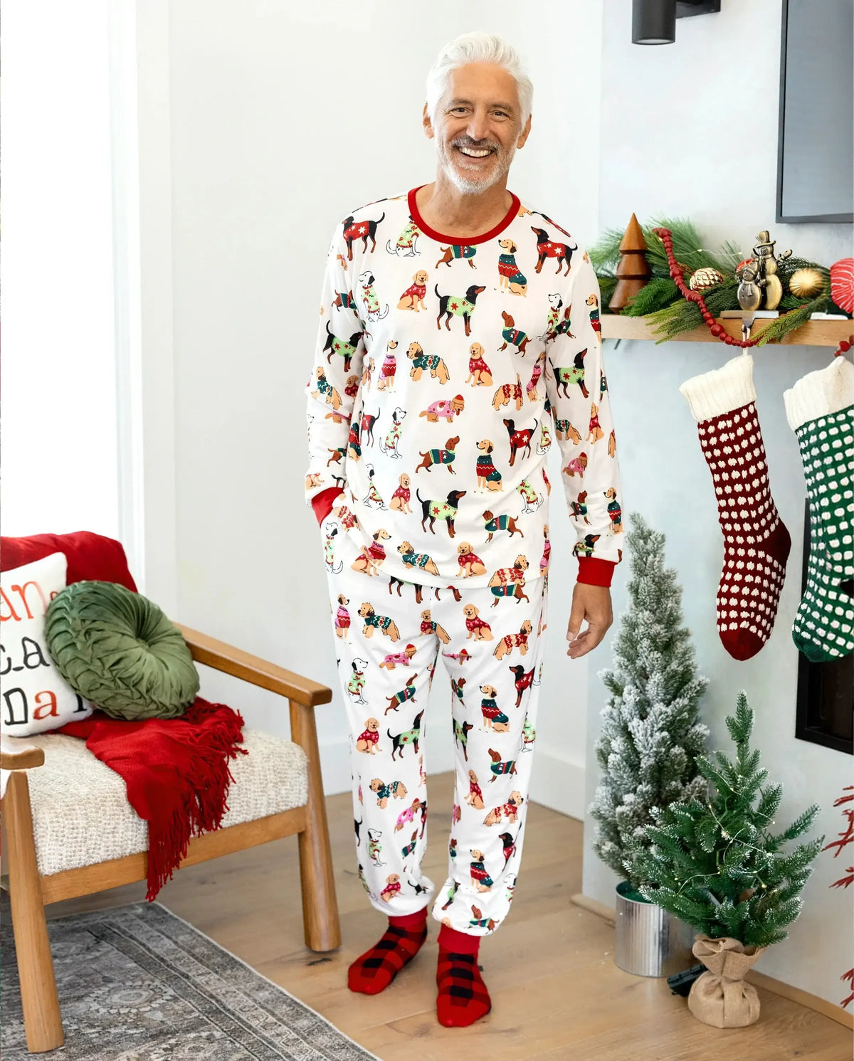 Christmas Matching Family Pajamas Set Various Dog Print PJS with Christmas Socks Apricot