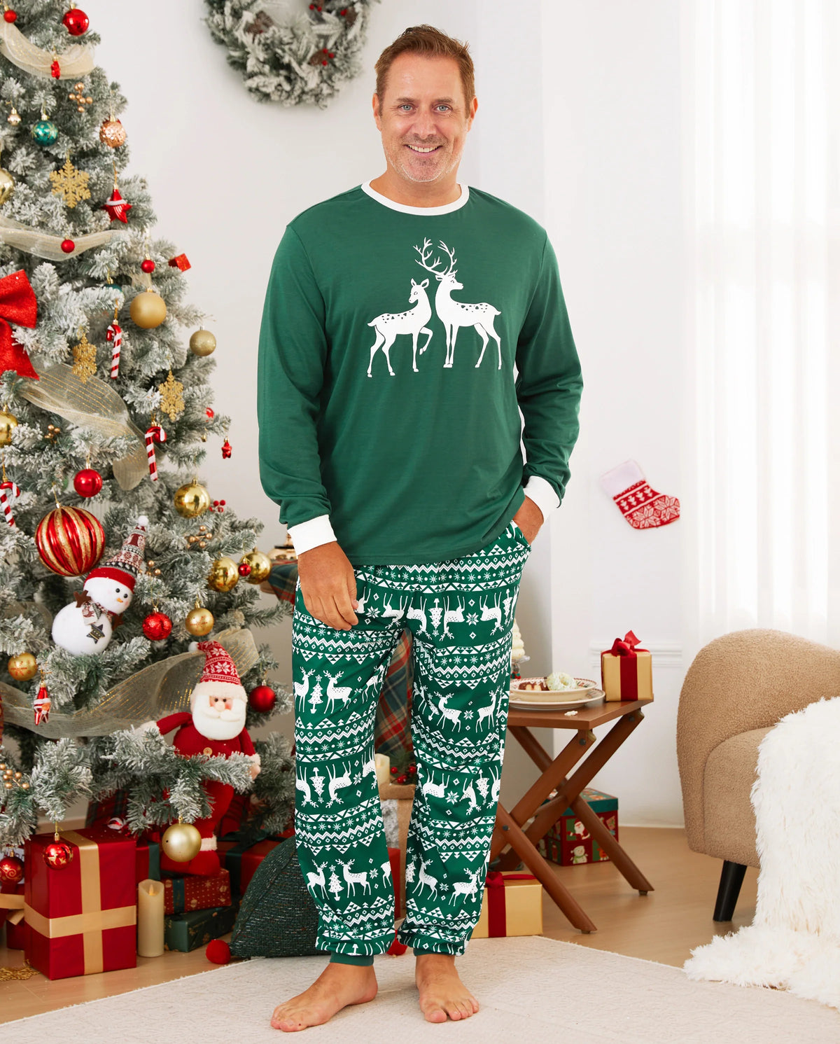 Christmas Family Matching Glow in the Dark Reindeer Tops Allover Pattern Pants Pajamas Sets with Christmas Socks