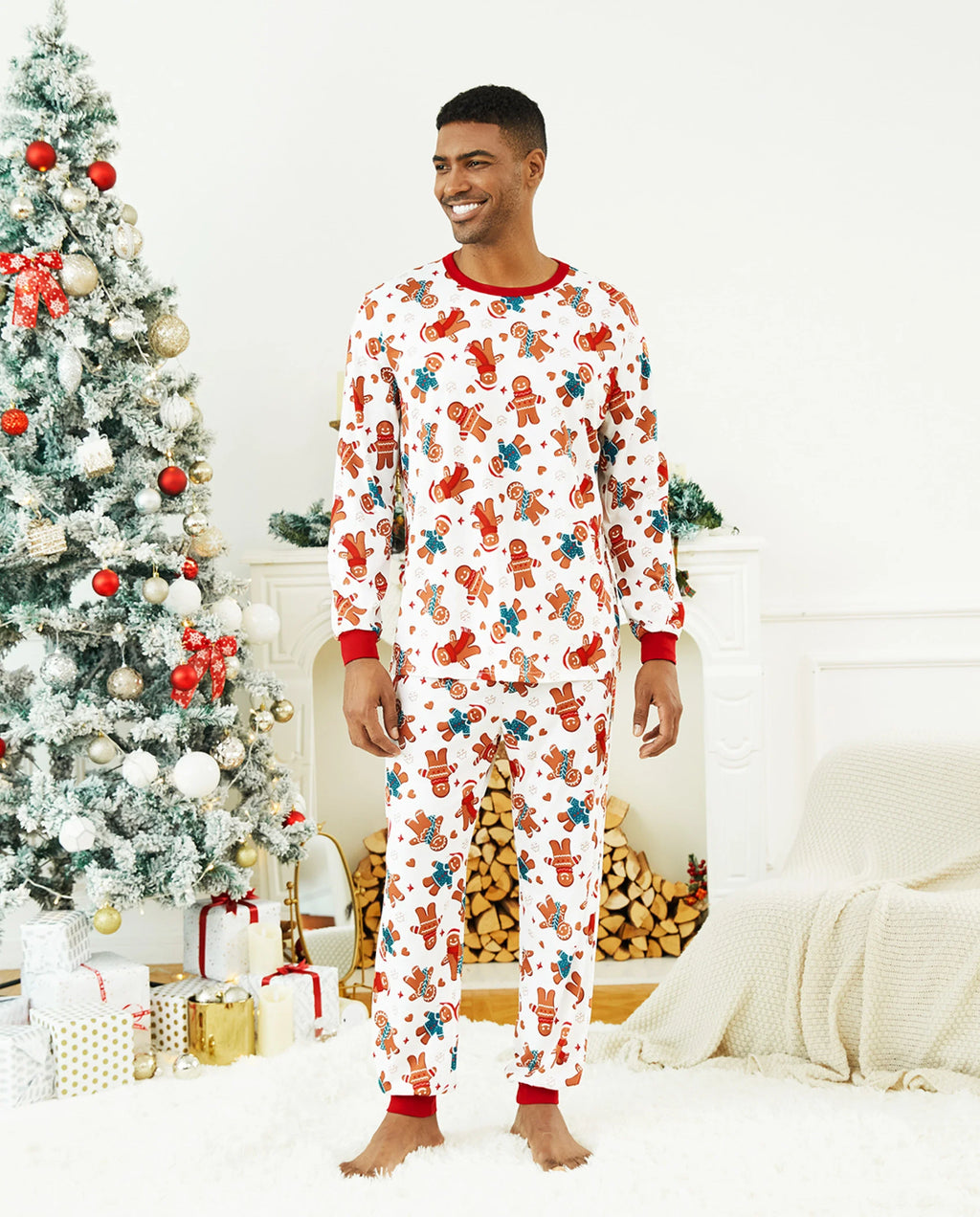 Christmas Family Matching Cartoon Gingerbread Man Allover Print Pajamas Sets with Christmas Socks White