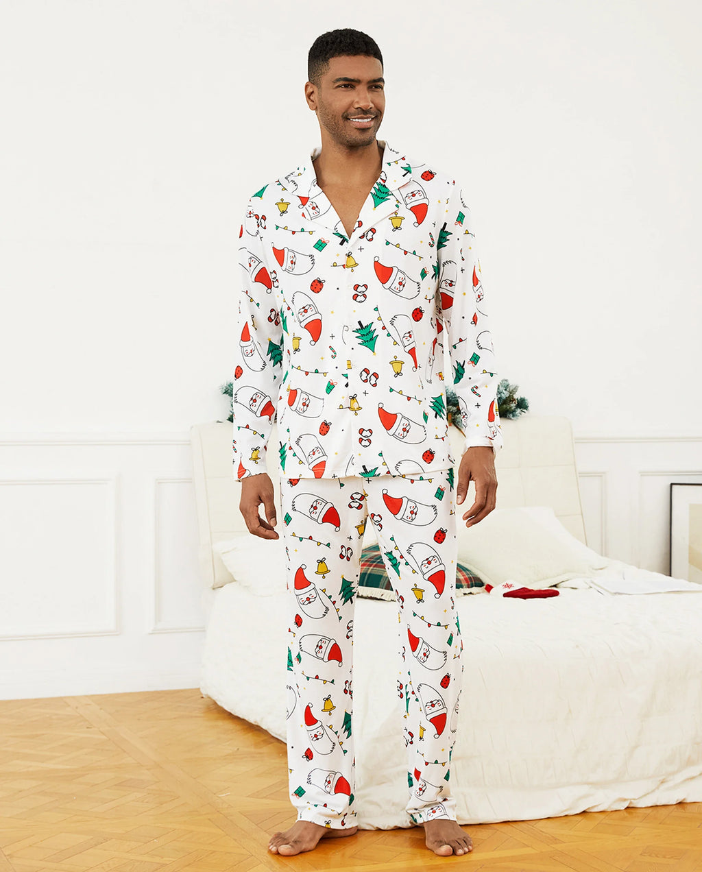 Christmas Family Matching Colorful Festival Theme Print Long Sleeve Pajamas Sets with Christmas Socks White