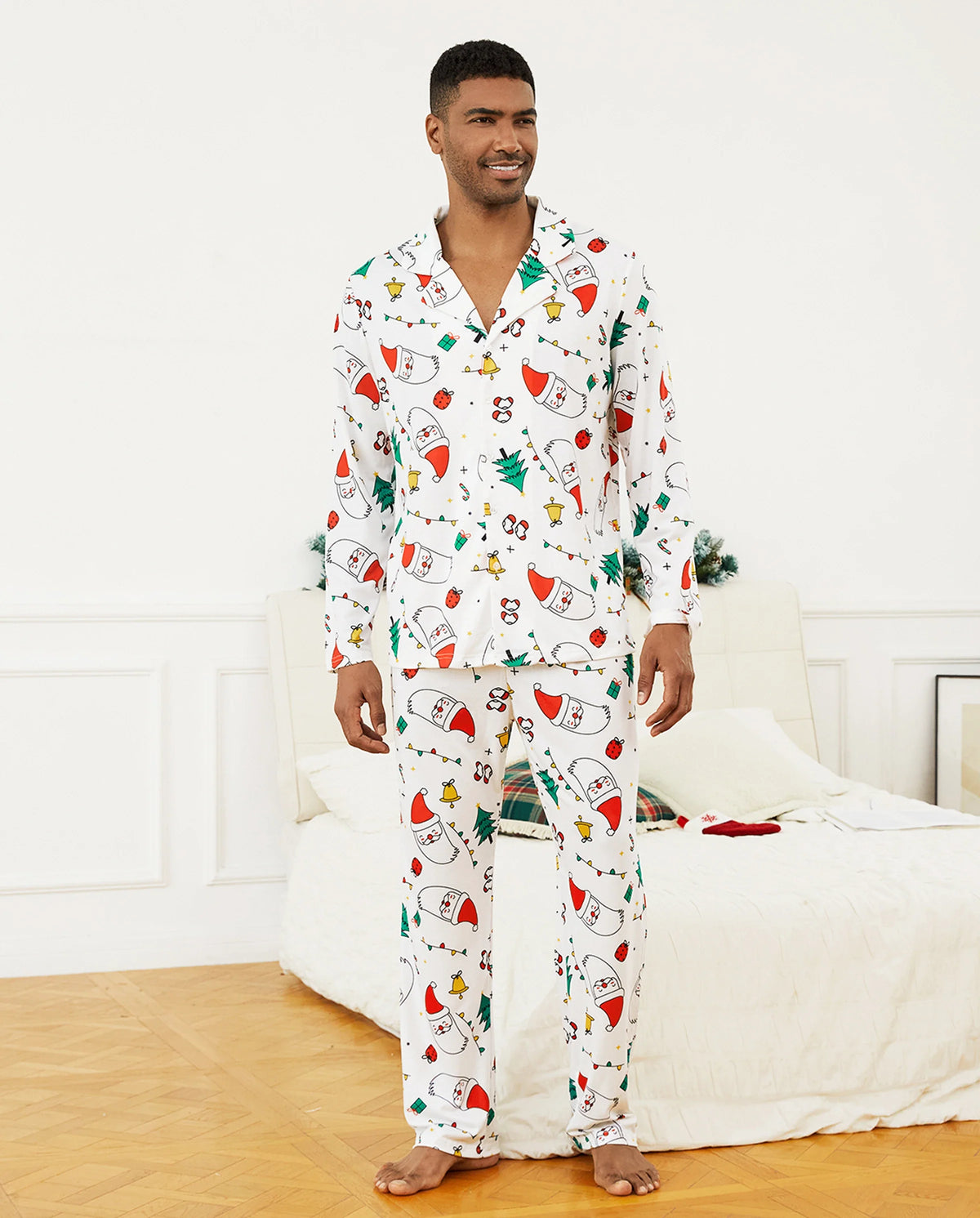 Christmas Family Matching Colorful Festival Theme Print Long Sleeve Pajamas Sets with Christmas Socks White