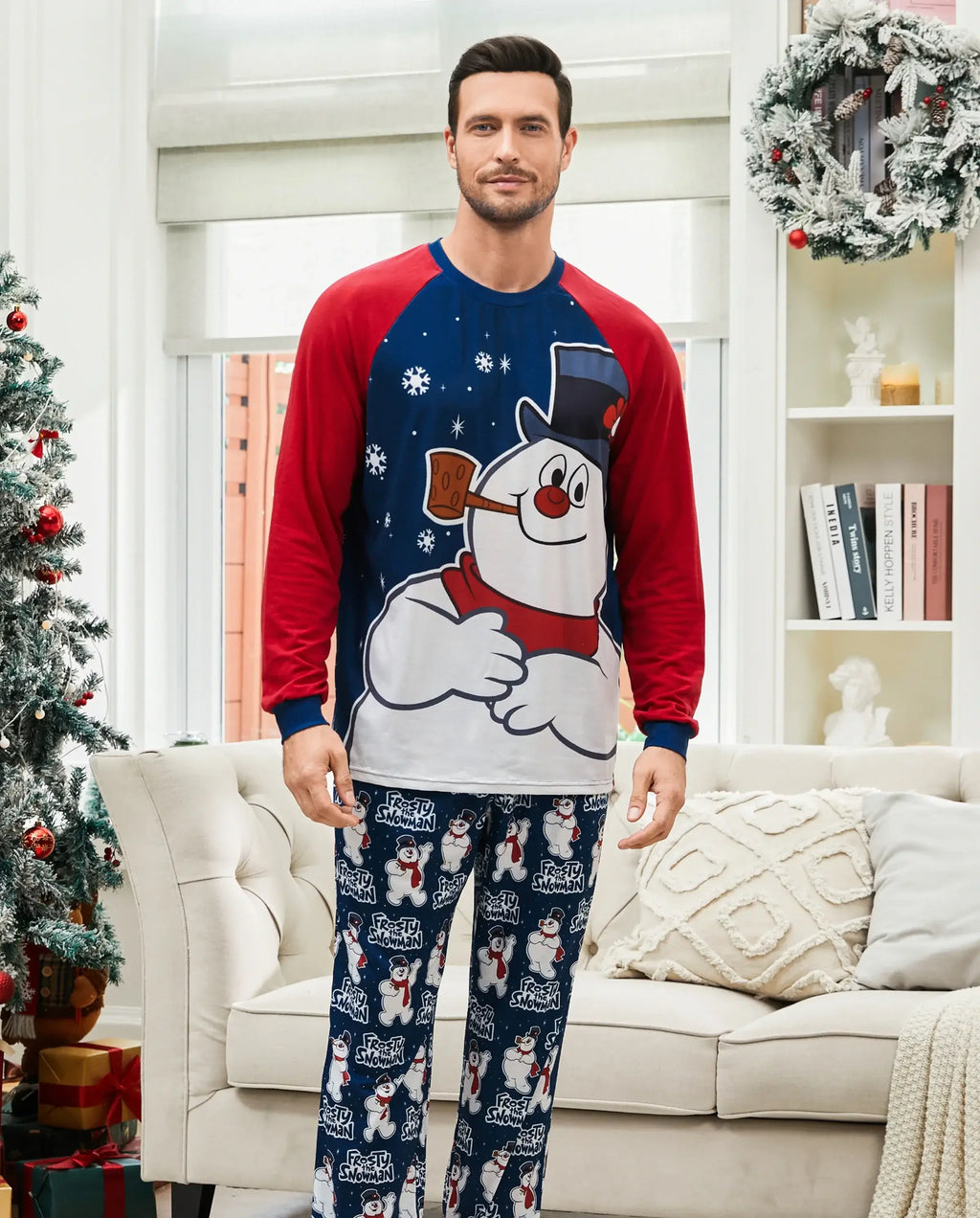 Frosty The Snowman Christmas Family Matching Color-block Pajamas Sets with Christmas Socks