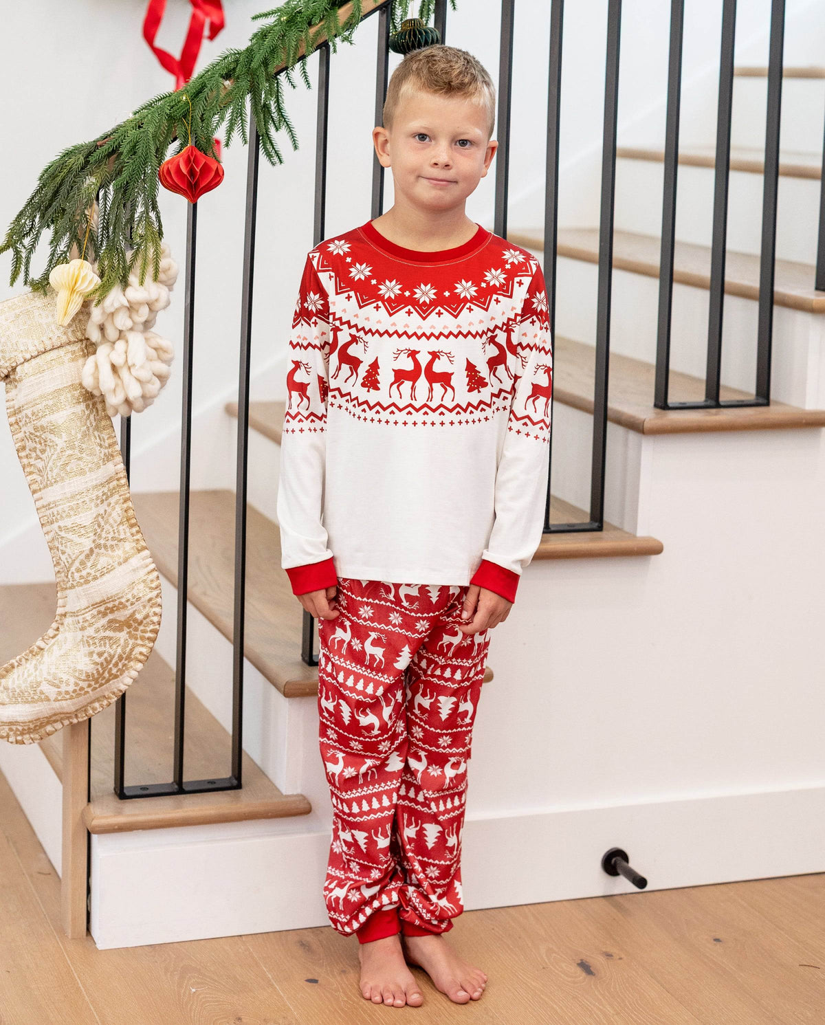 Family Matching Christmas Pajamas Fair Isle & Reindeer Print Red