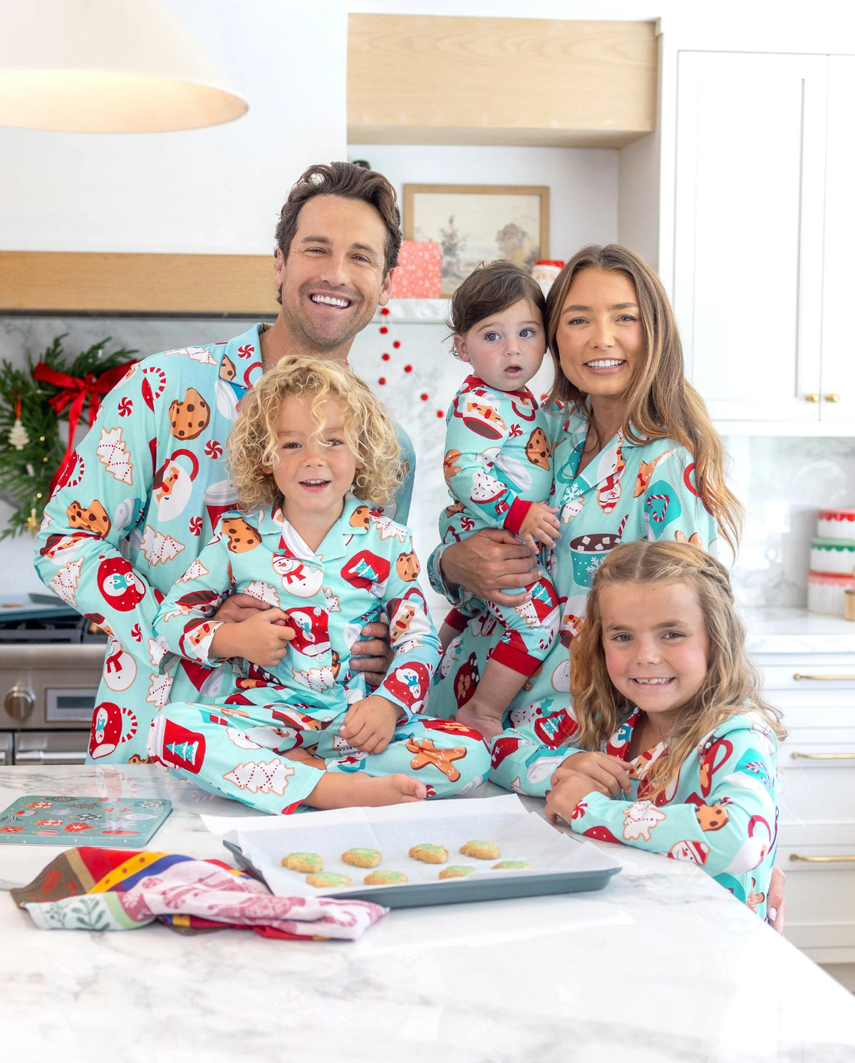 Christmas Matching Family Pajamas Gingerbread & Mug Print Blue