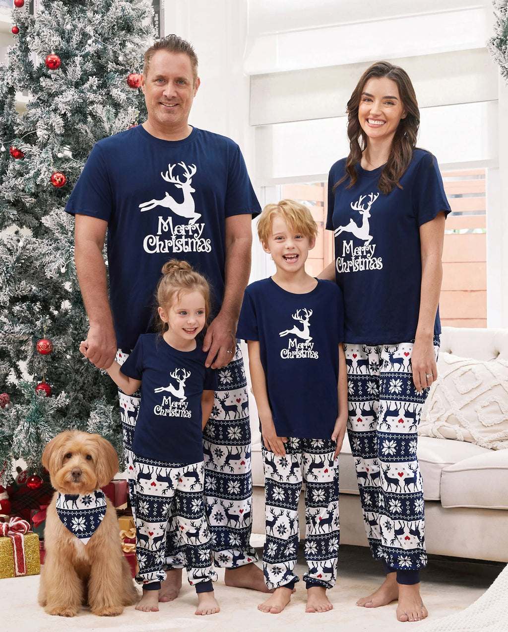 Christmas Reindeer Print Glow in the Dark Family Matching Pajamas Sets with Christmas Socks Deep Blue