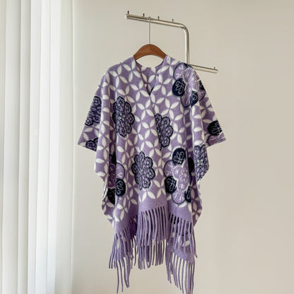 Women’s Thick Oversized Cashmere-Feel Cape Shawl – Double-Sided Jacquard Fringe Wrap
