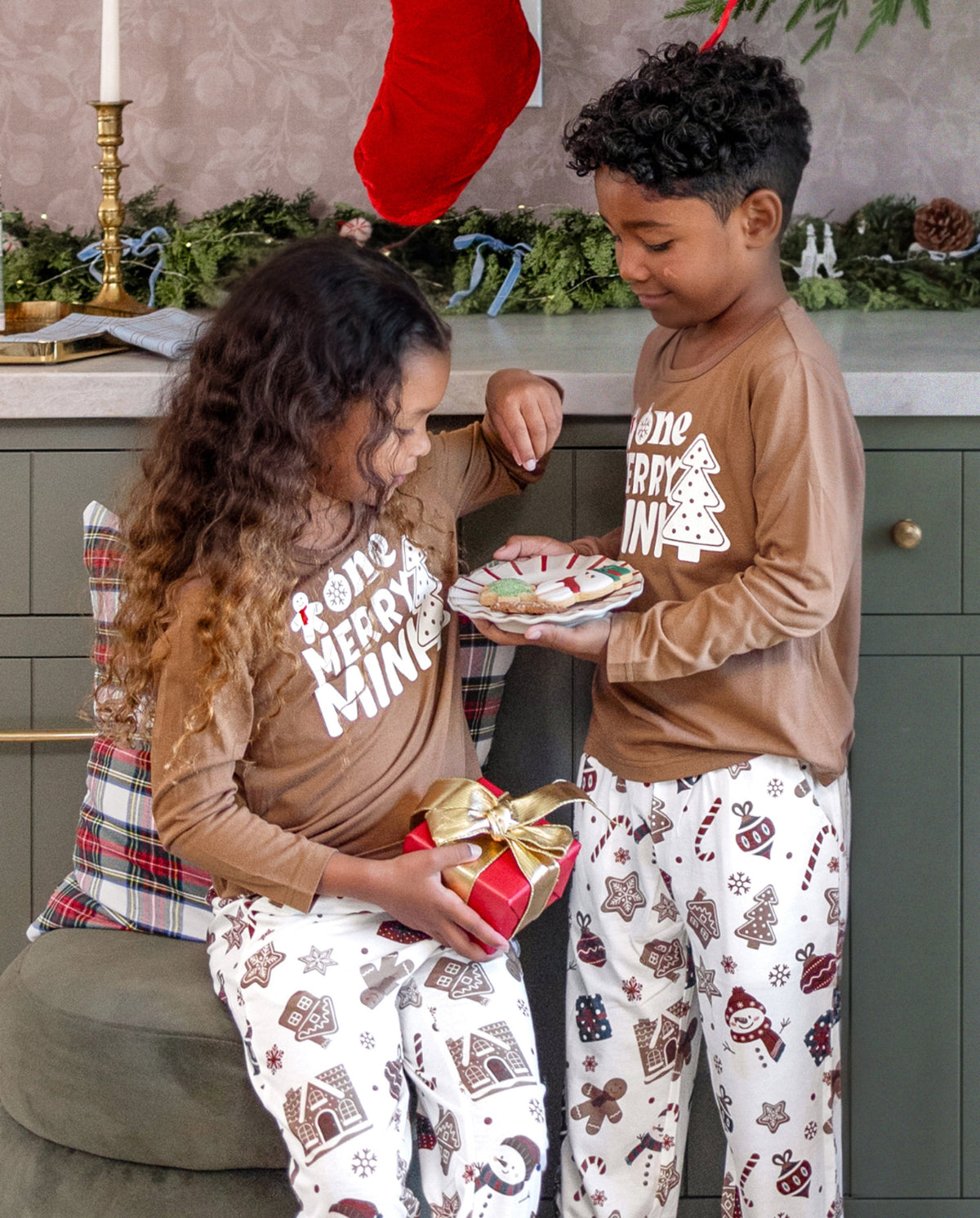 Matching Family Christmas Pajamas Gingerbread & Christmas Tree Print