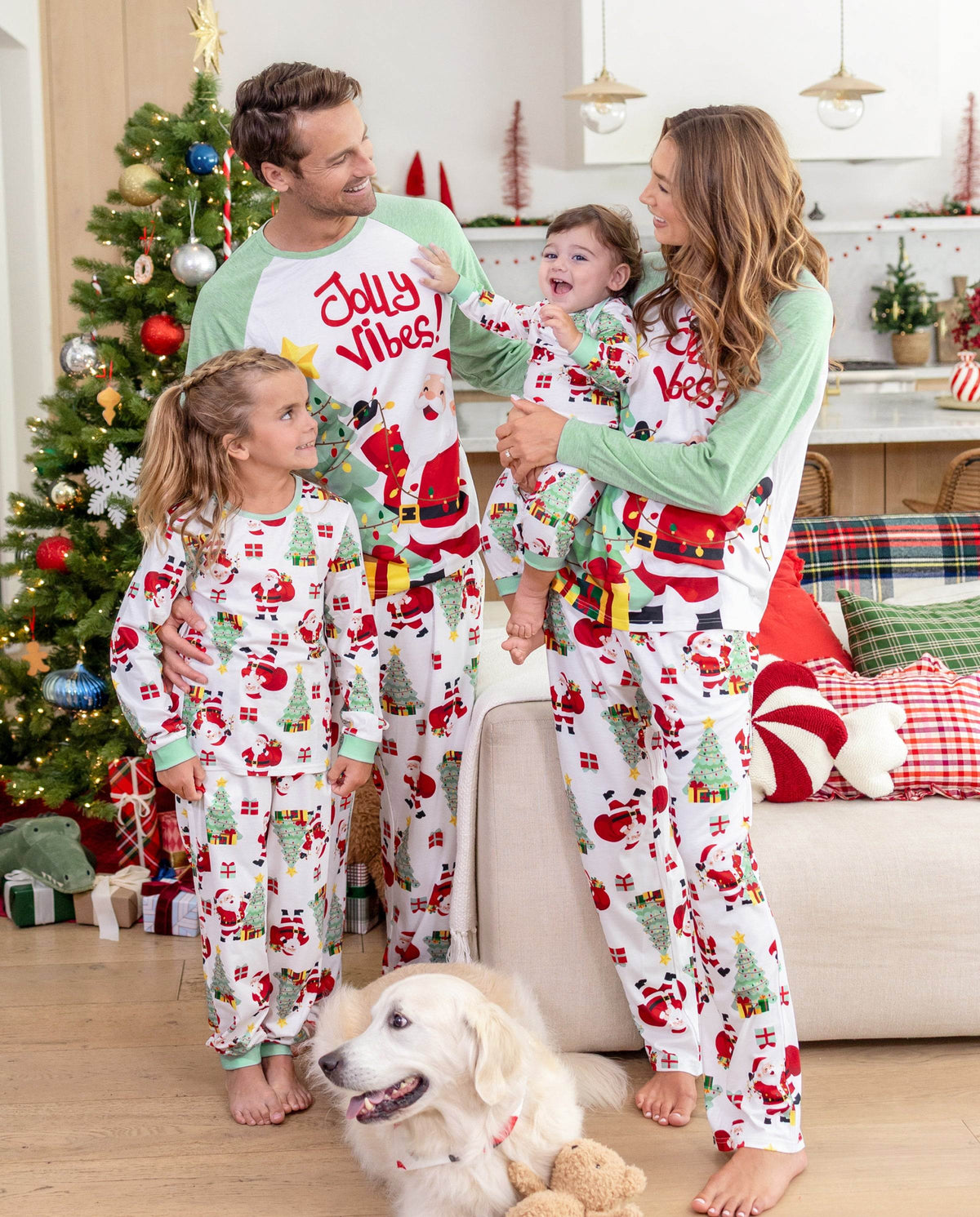 Matching Family Christmas Pajamas Santa & Christmas Tree Print Green
