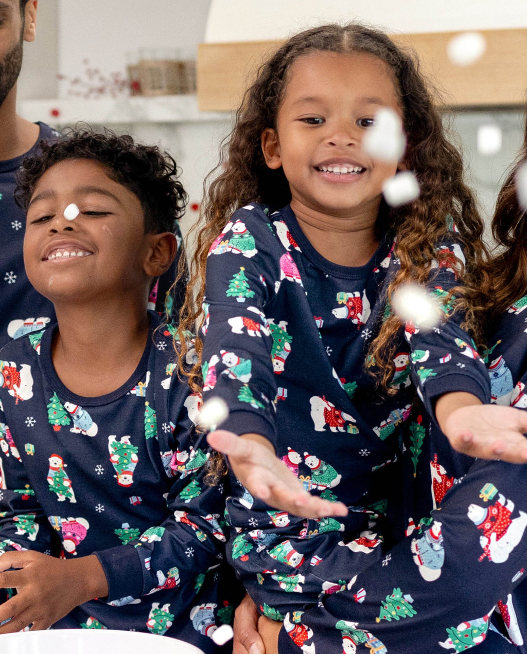 Matching Family Christmas Pajamas Polar Bear & Christmas Tree Print Navy