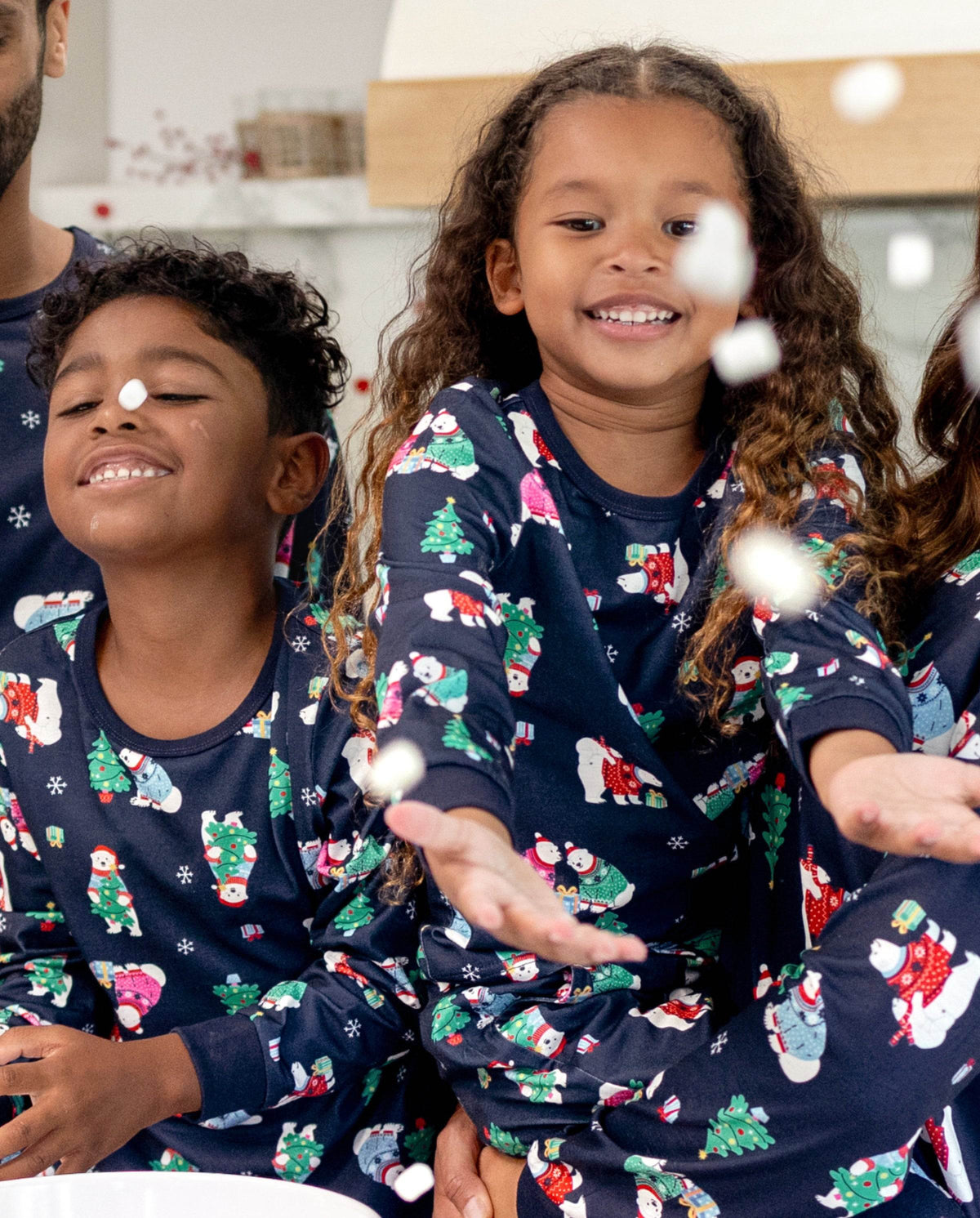 Matching Family Christmas Pajamas Polar Bear & Christmas Tree Print Navy