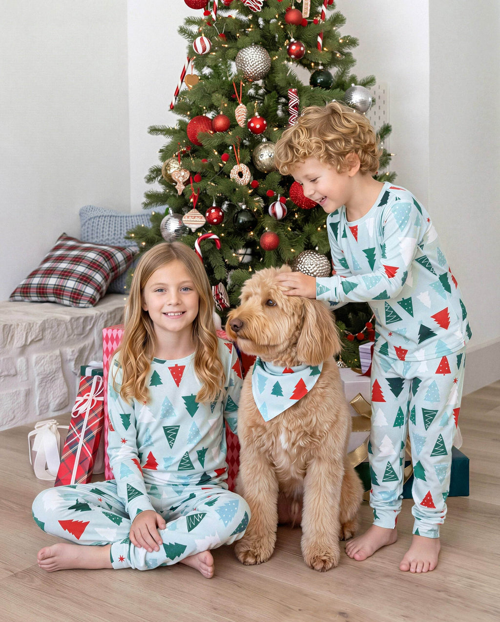Matching Family Christmas Pajamas Christmas Tree Print Cotton Blue