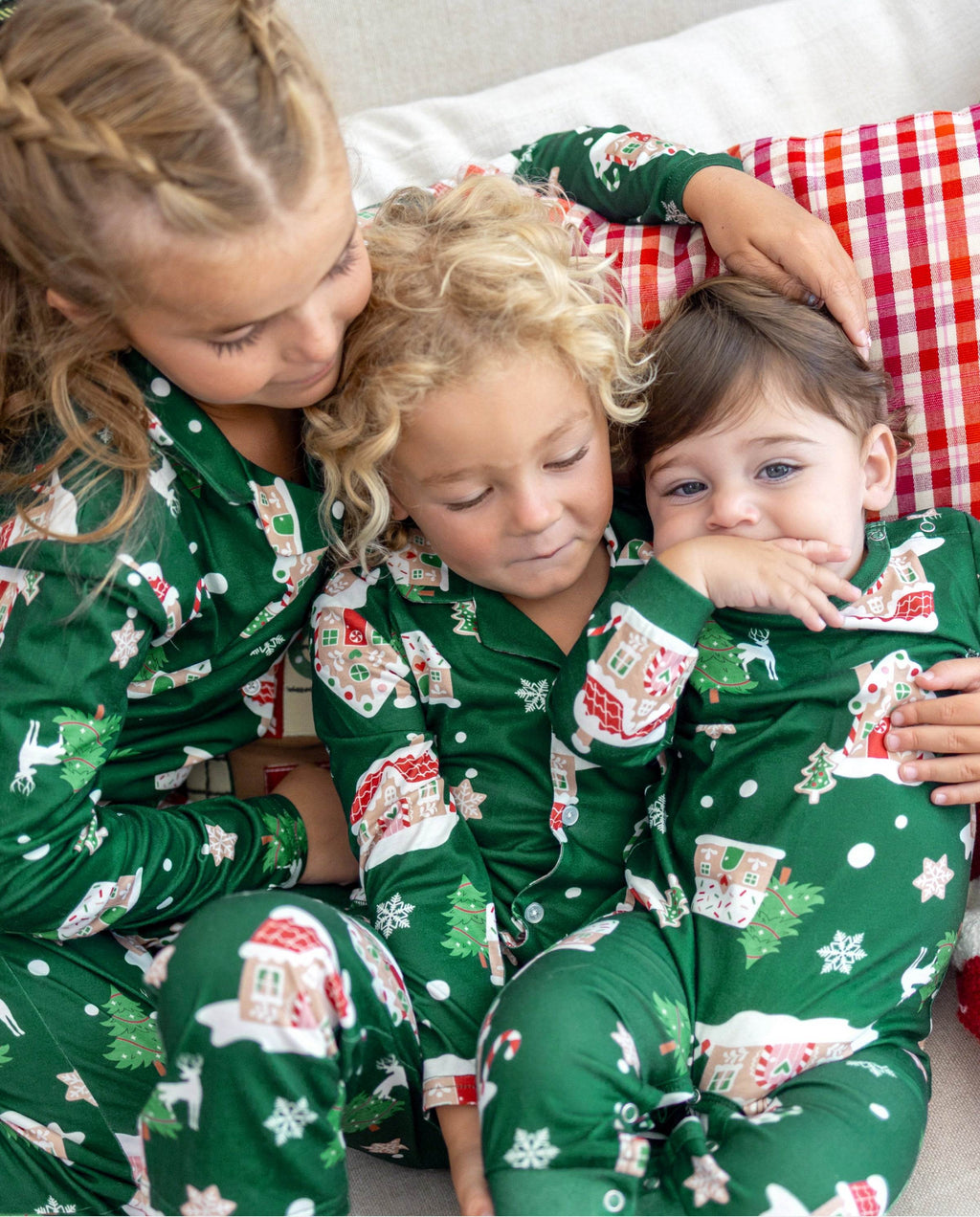 Family Matching Christmas Pajamas Gingerbread House Print Green