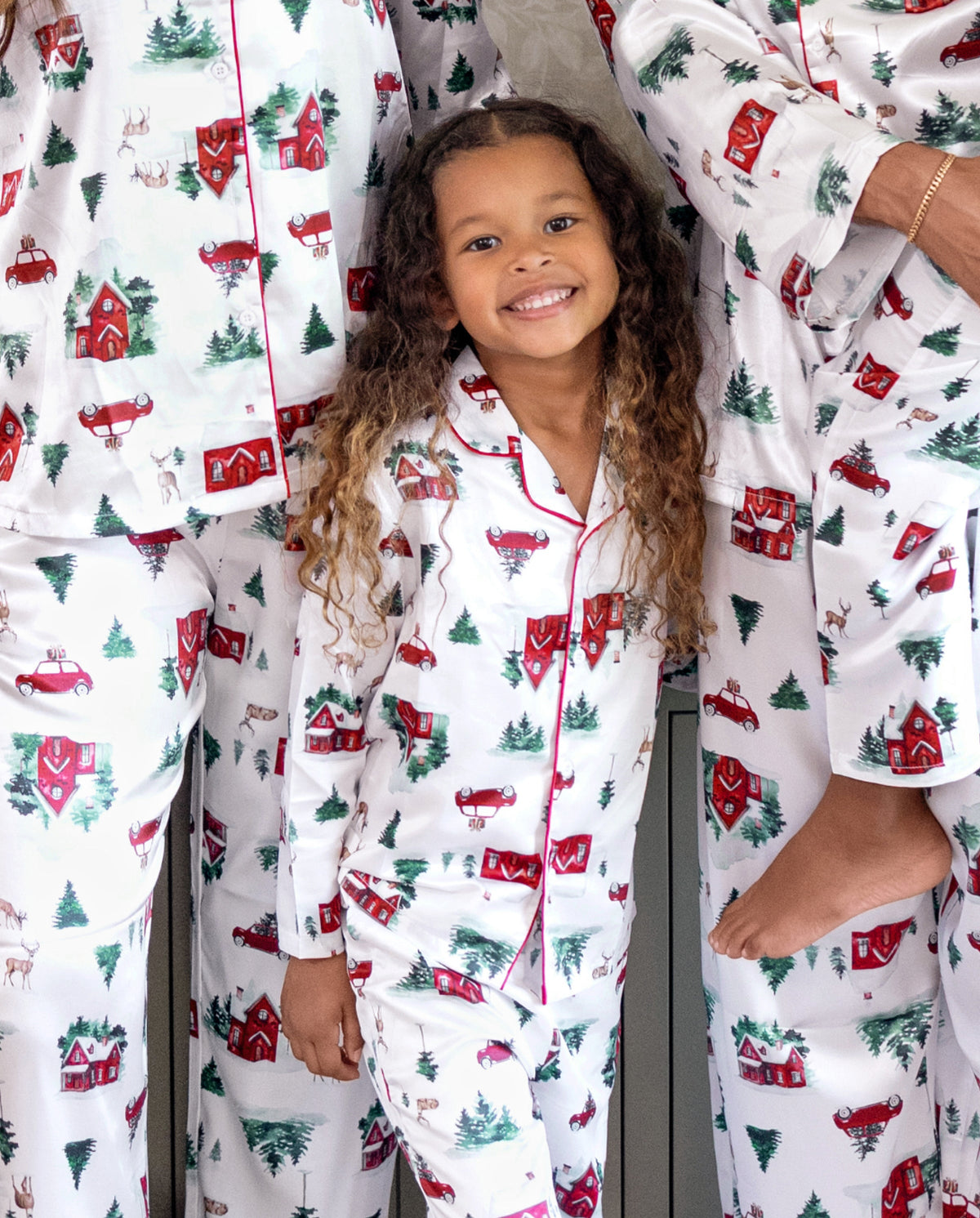 Matching Family Christmas Pajamas Christmas Village Print Satin Multicolor