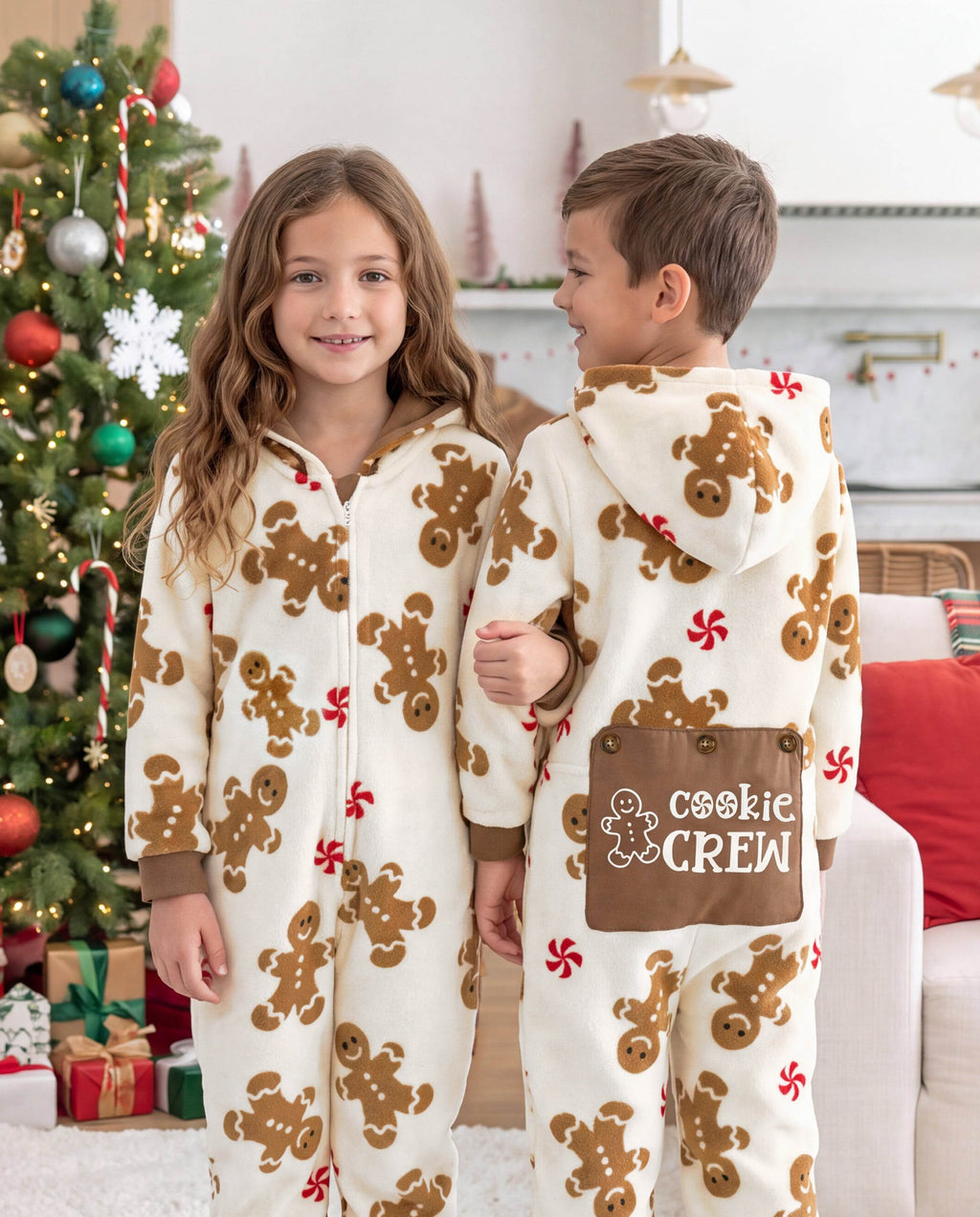 Matching Family Christmas Pajamas Gingerbread Print Coral Fleece Christmas Onesie