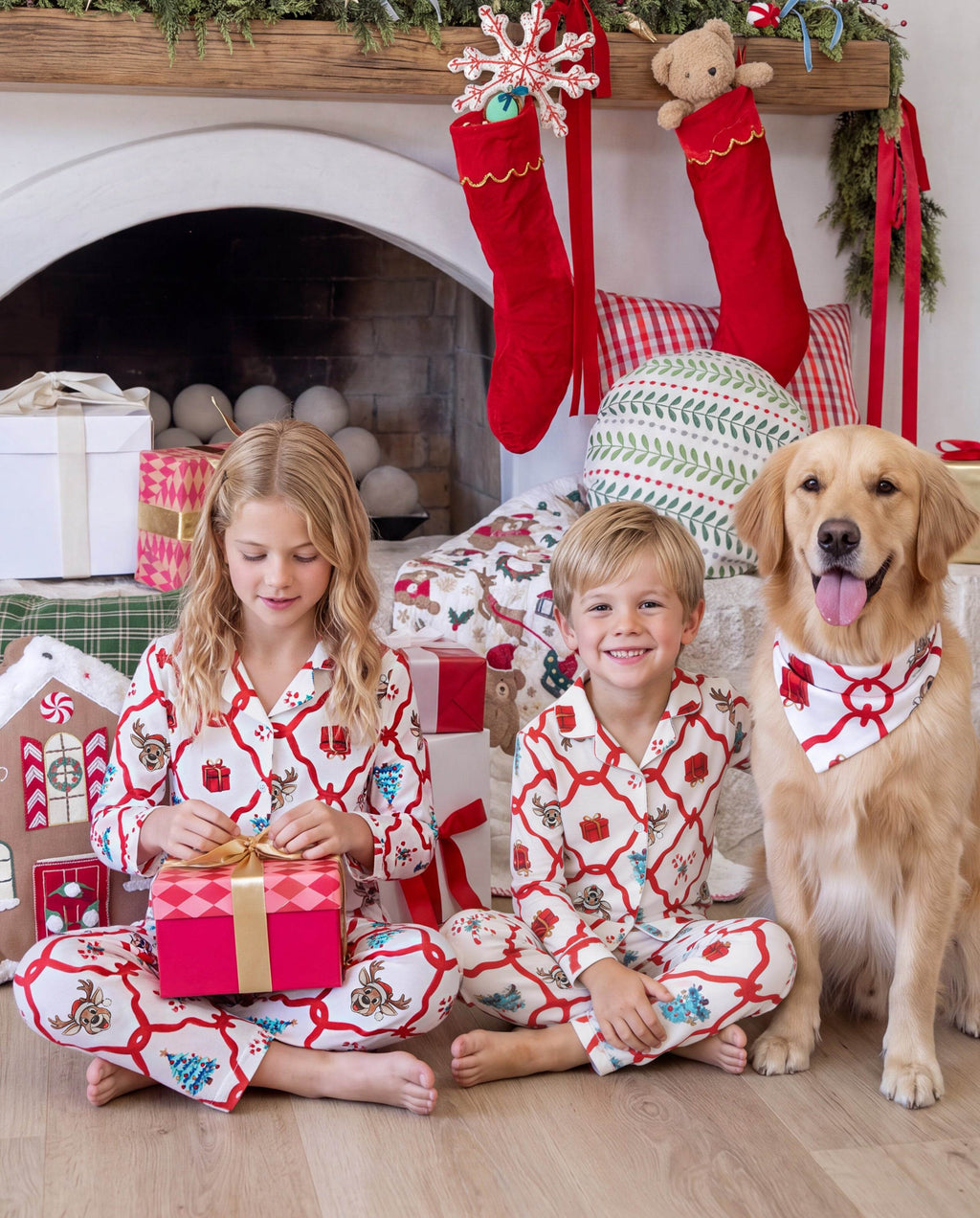 Matching Family Christmas Pajamas Reindeer & Christmas Tree Print Red