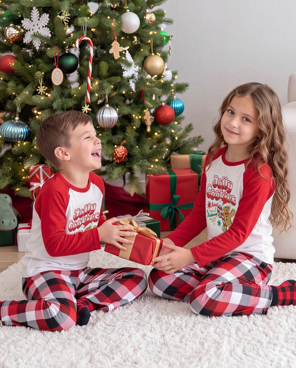 Matching Family Christmas Pajamas Gingerbread & Plaid Print Red