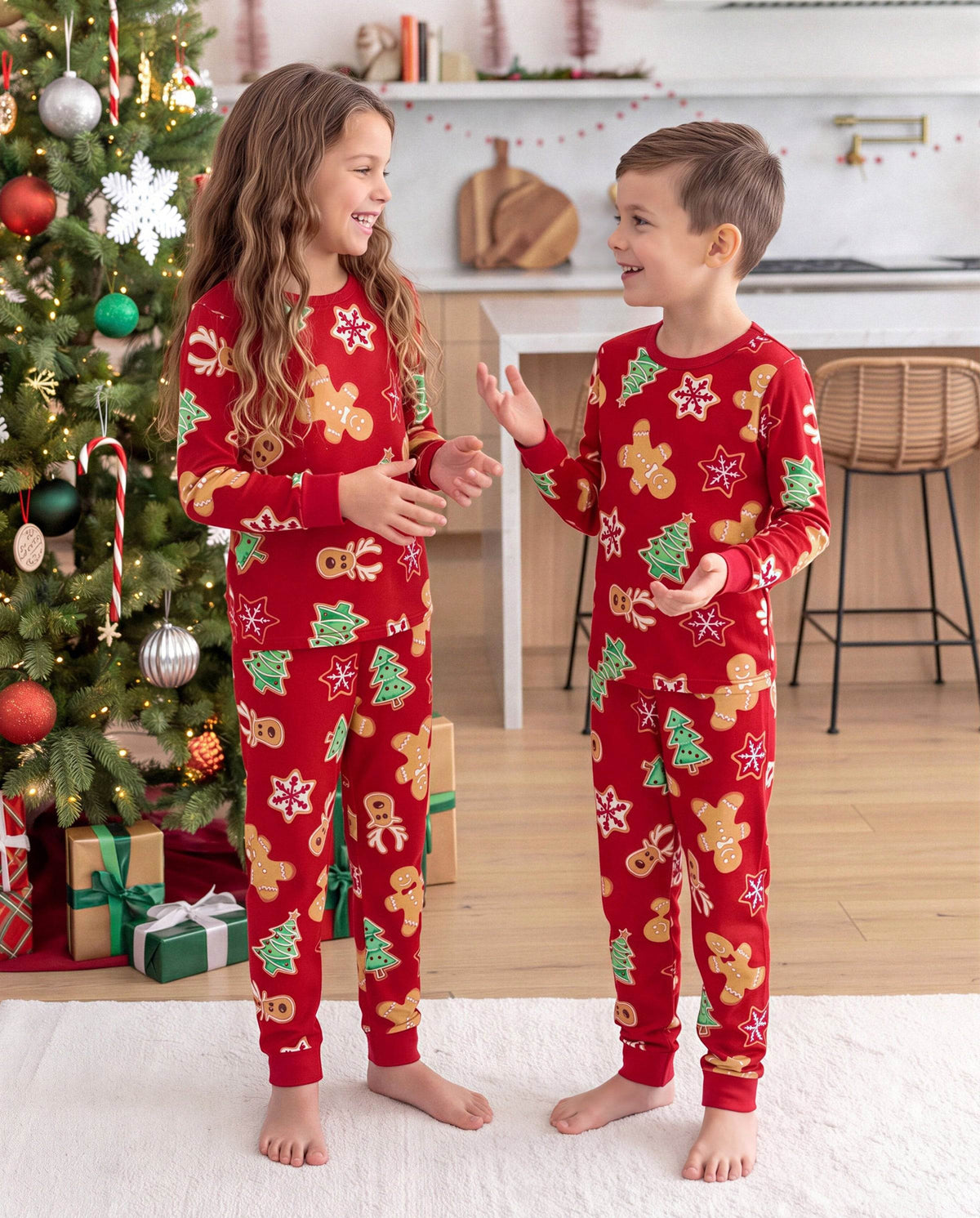 Family Matching Christmas Pajamas Bamboo Gingerbread & Xmas TreeRed
