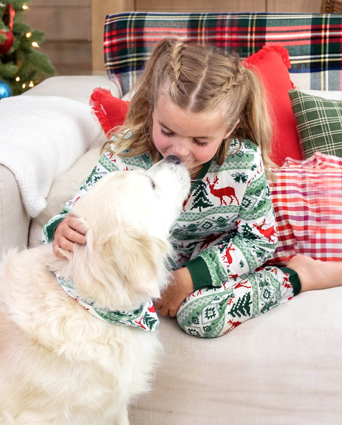Matching Family Christmas Pajamas Fair Isle & Reindeer Print Green