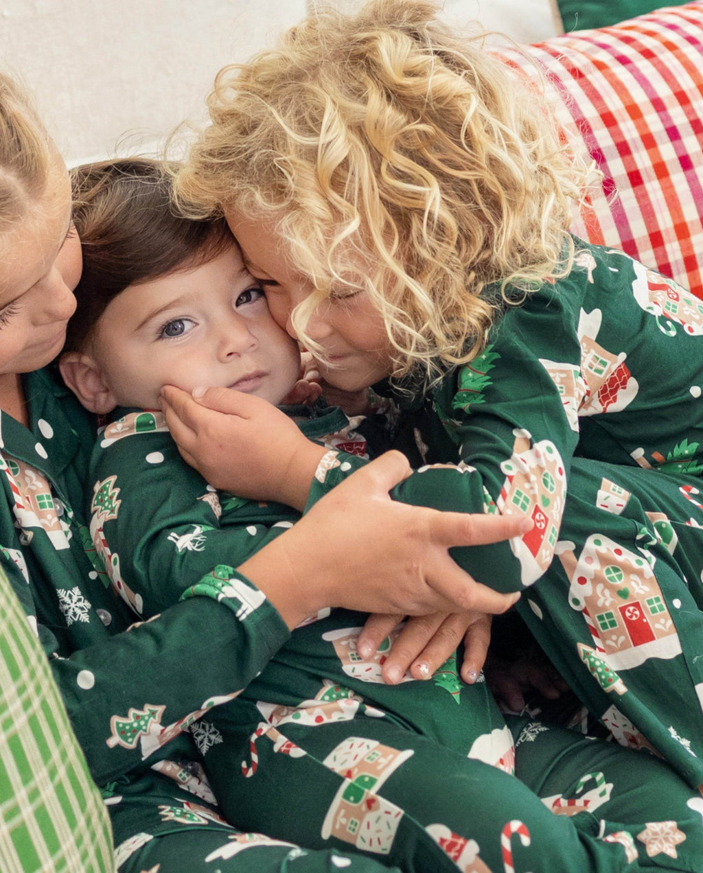 Family Matching Christmas Pajamas Gingerbread House Print Green