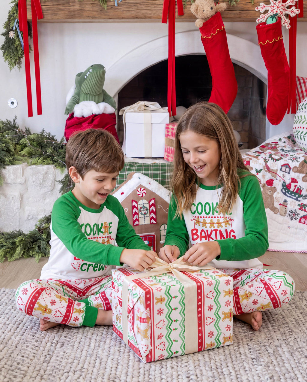 Matching Family Christmas Pajamas Gingerbread Print Green