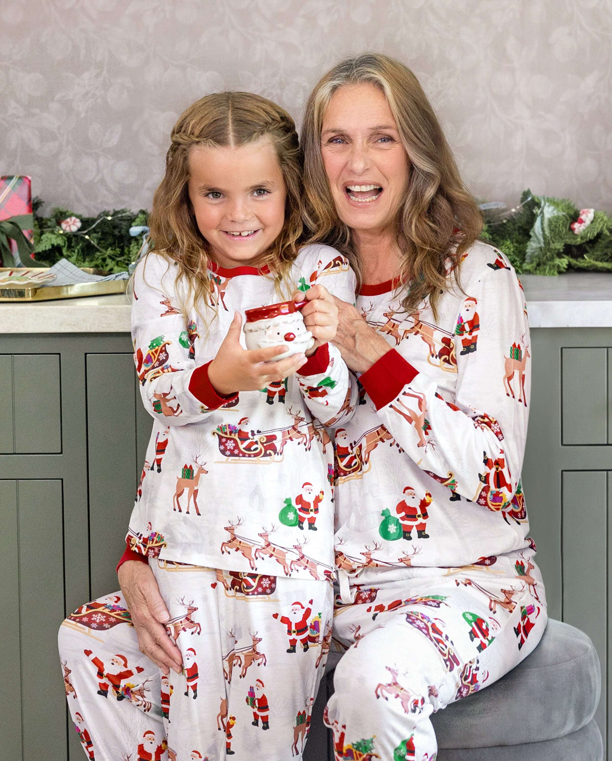 Family Matching Christmas Pajamas Reindeer & Santa Claus Print White Plus Size