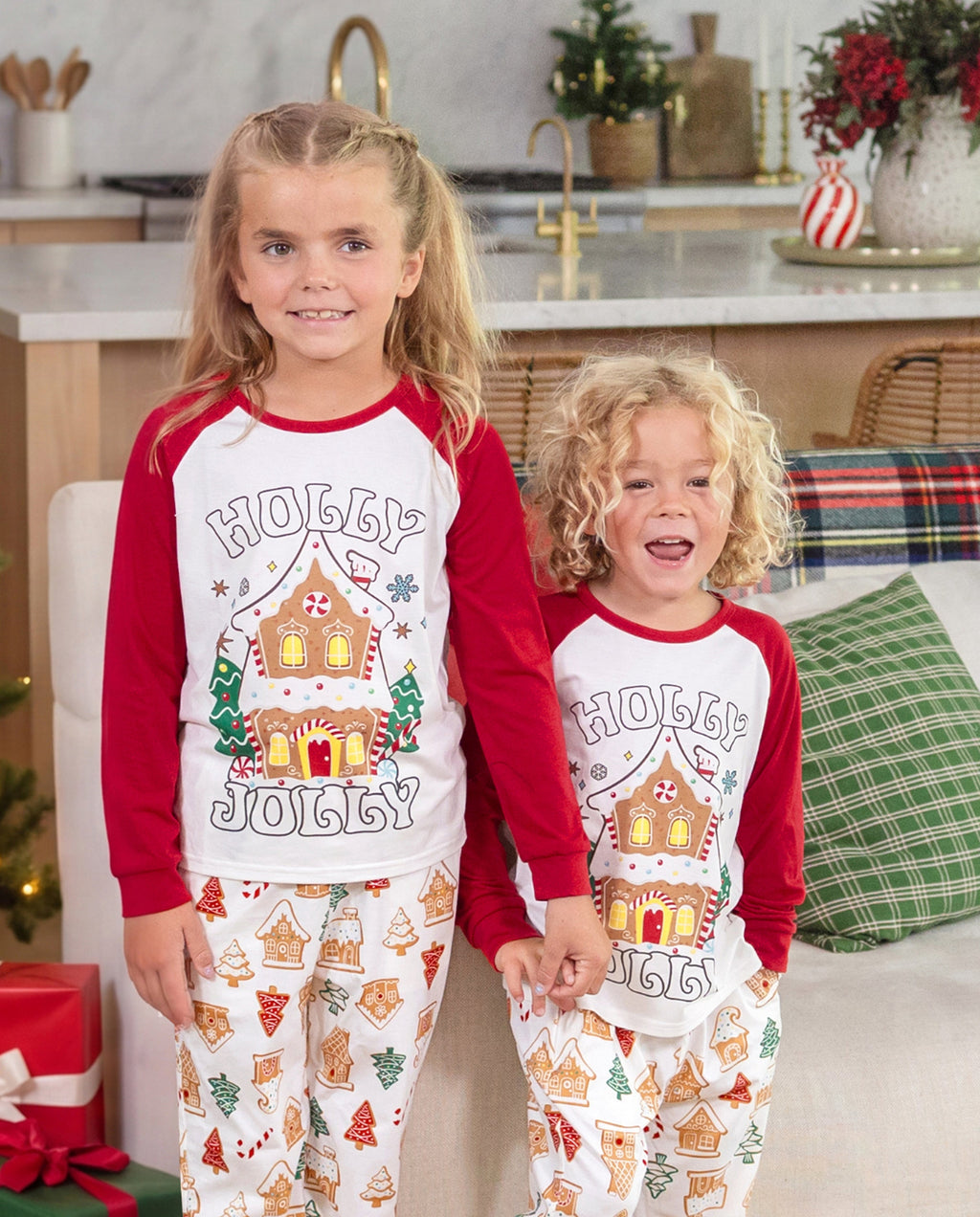 Matching Family Christmas Pajamas Gingerbread House & Christmas Tree Print Red