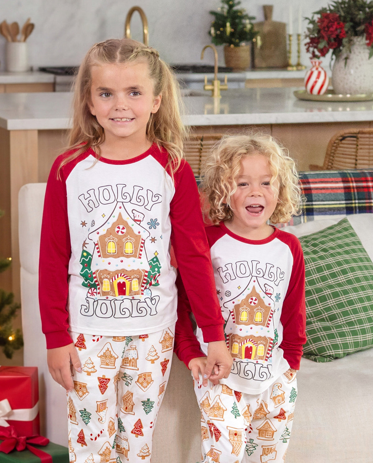 Matching Family Christmas Pajamas Gingerbread House & Christmas Tree Print Red
