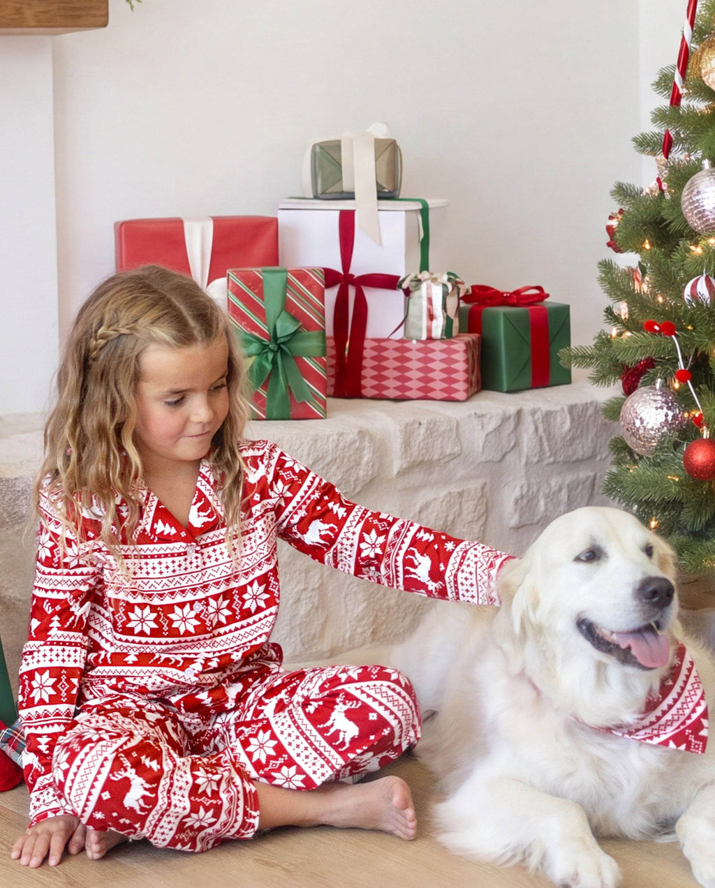 Family Matching Christmas Pajamas Fair Isle Print Collared Red