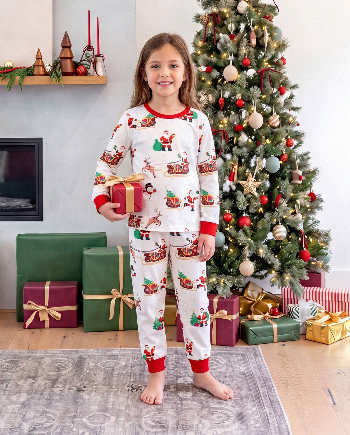 Family Matching Christmas Pajamas Reindeer & Santa Claus Print White Plus Size RED/WHITE