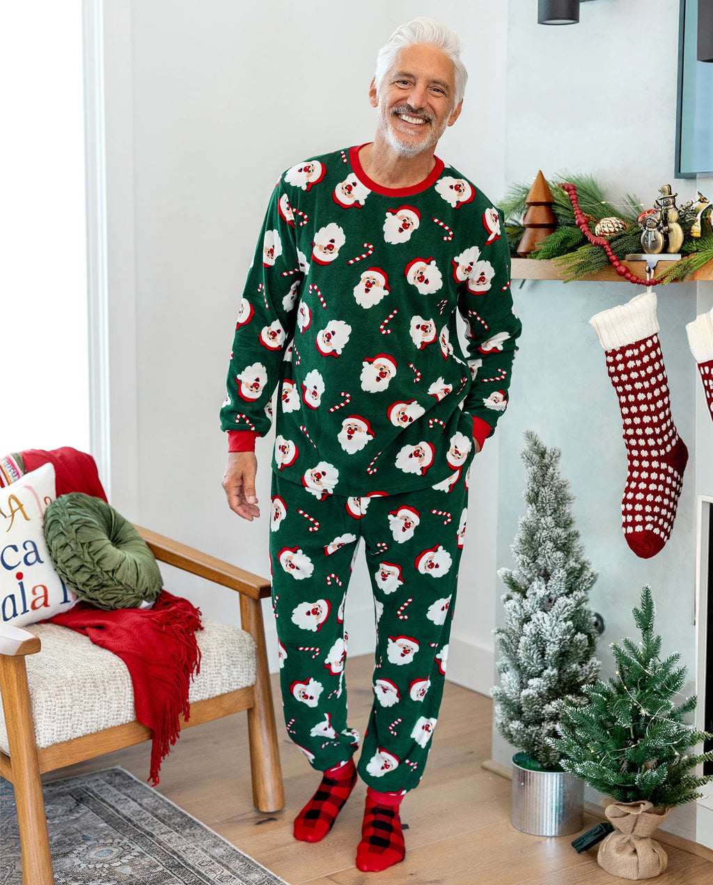 Christmas Matching Family Fleece Pajamas Set Santa Claus and Candy Cane Print PJS with Christmas Socks Dark Green