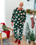 Christmas Matching Family Fleece Pajamas Set Santa Claus and Candy Cane Print PJS with Christmas Socks Dark Green