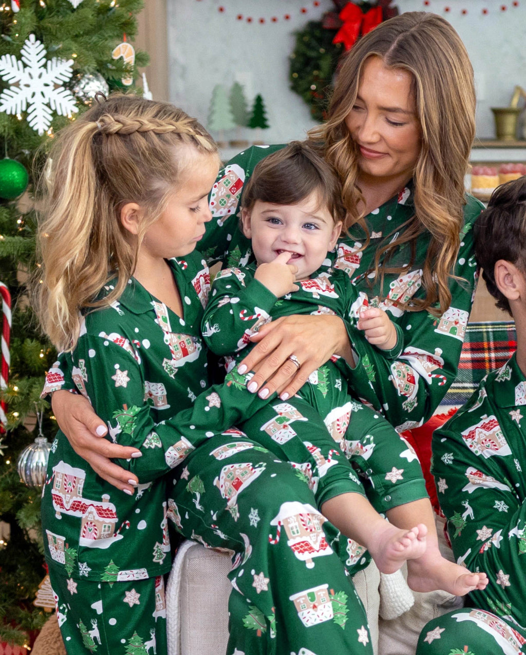 Family Matching Christmas Pajamas Gingerbread House Print Green