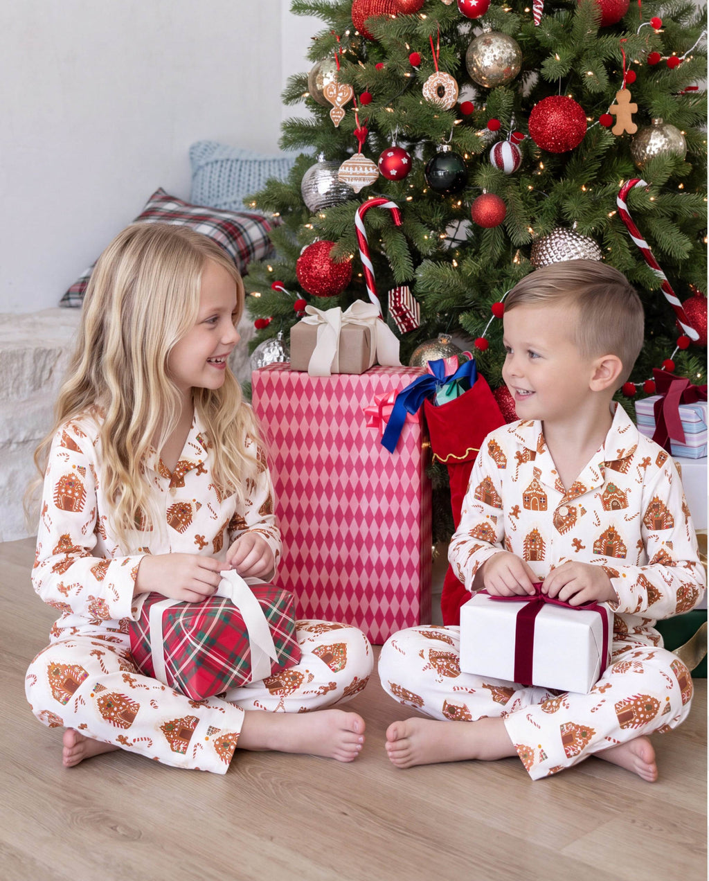 Matching Family Christmas Pajamas Gingerbread House Print Brown