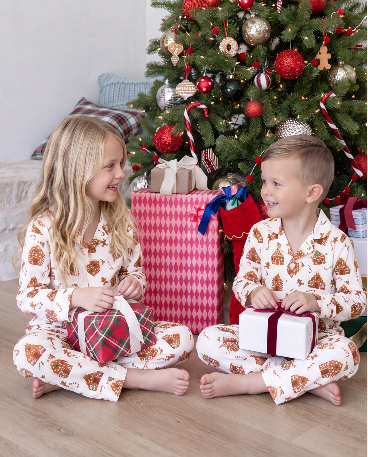 Matching Family Christmas Pajamas Gingerbread House Print Brown