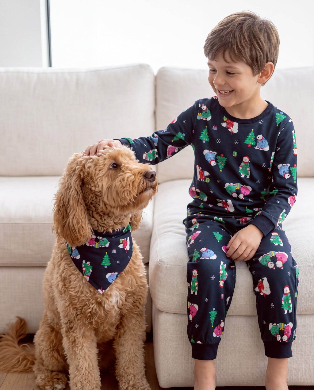 Matching Family Christmas Pajamas Polar Bear & Christmas Tree Print Navy