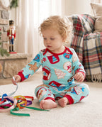 Christmas Matching Family Pajamas Set Gingerbread Print Blue and Red PJS with Christmas Socks Light Blue