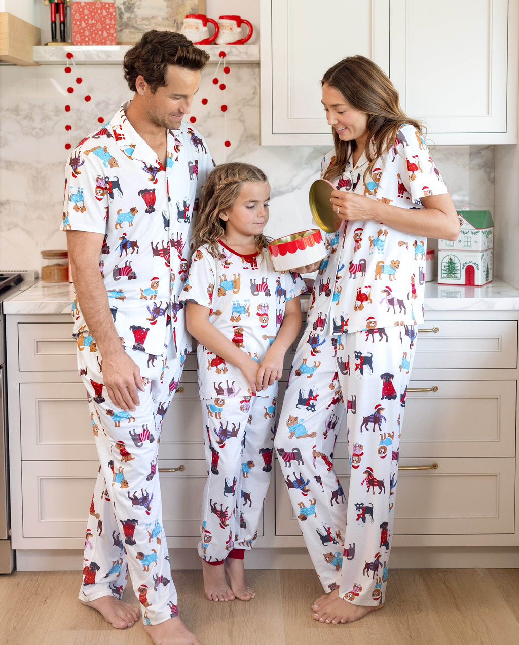 Family Matching Christmas Pajamas Festive Dog Print Red & White