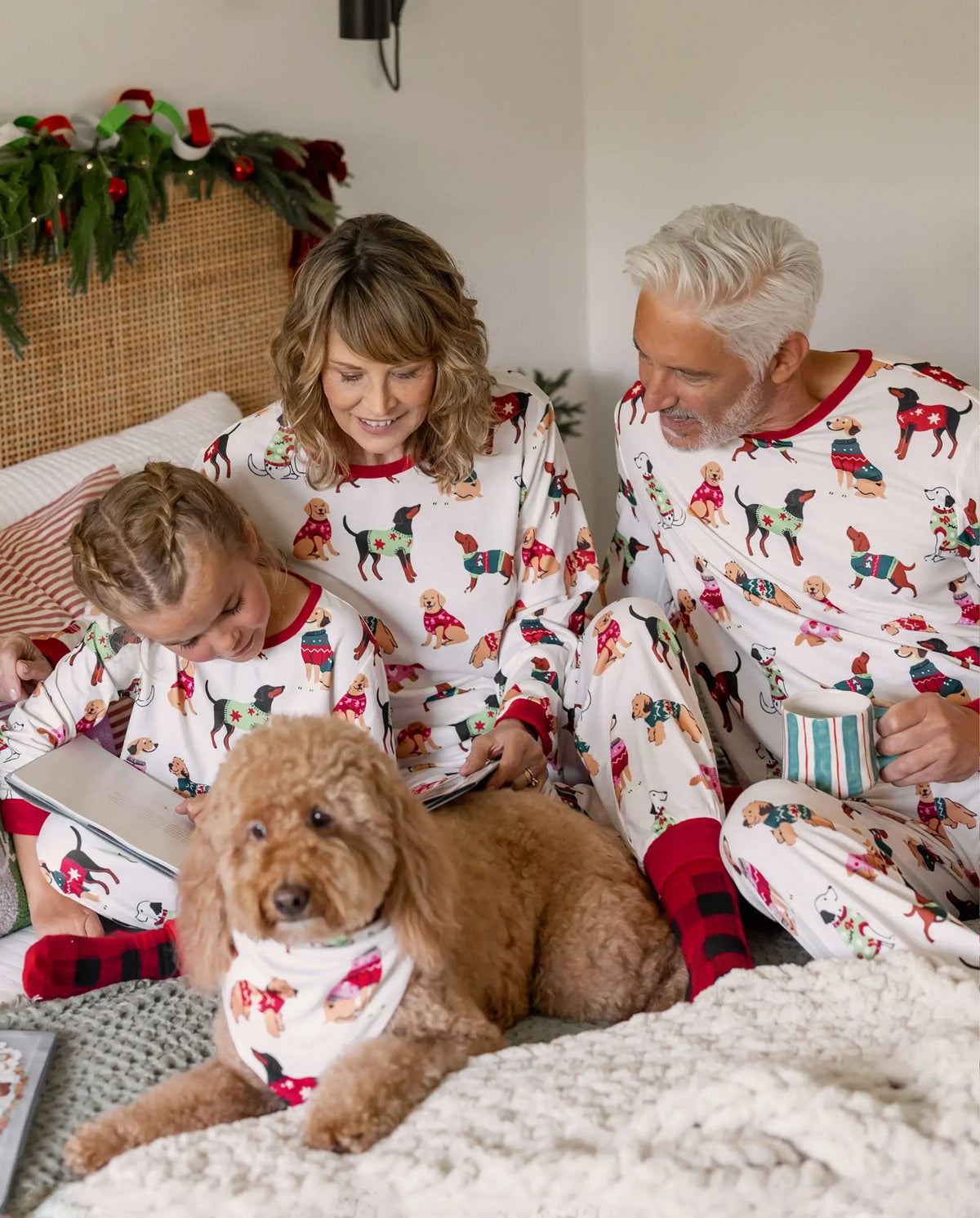 Christmas Matching Family Pajamas Set Various Dog Print PJS with Christmas Socks Apricot