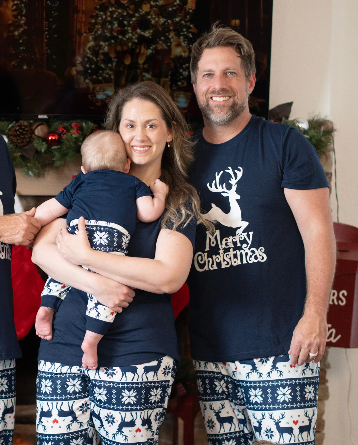 Christmas Reindeer Print Glow in the Dark Family Matching Pajamas Sets with Christmas Socks Deep Blue